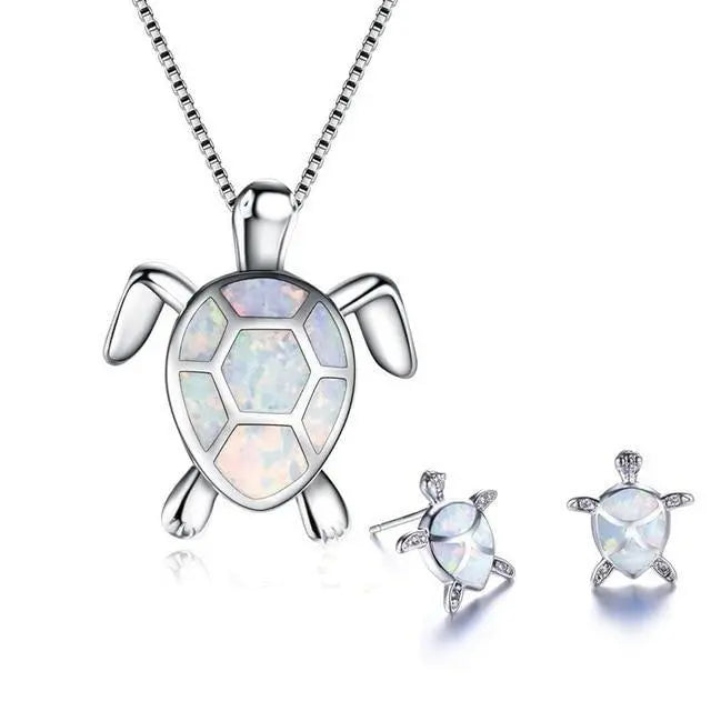 Sea Turtle Necklace + Earrings Set made of Opal and Silver Unique Joyas