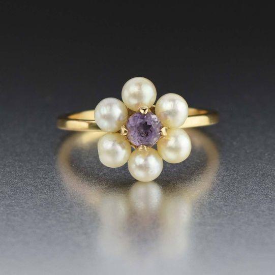 Vintage goldperlen-blumenring mit lila kristall