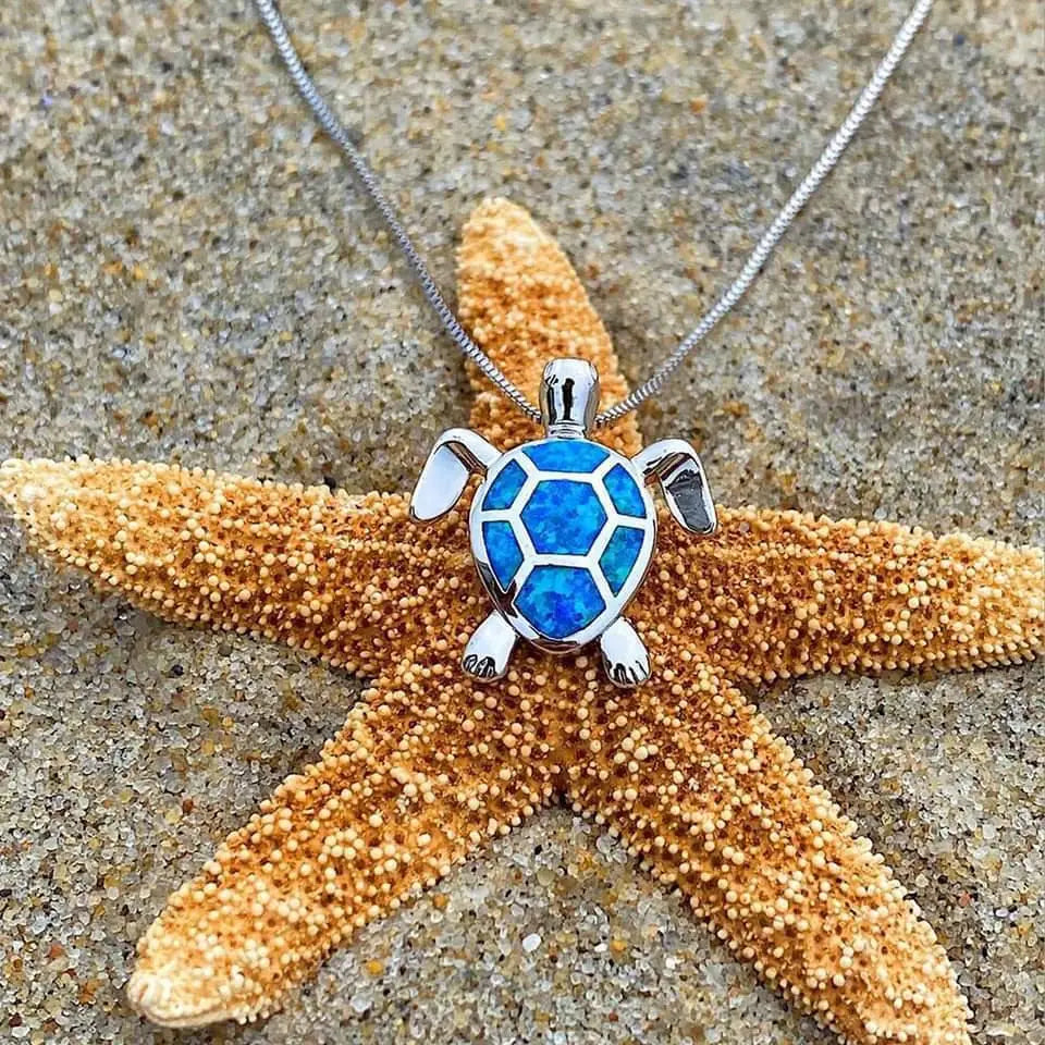 Sea Turtle Necklace + Earrings Set made of Opal and Silver Unique Joyas