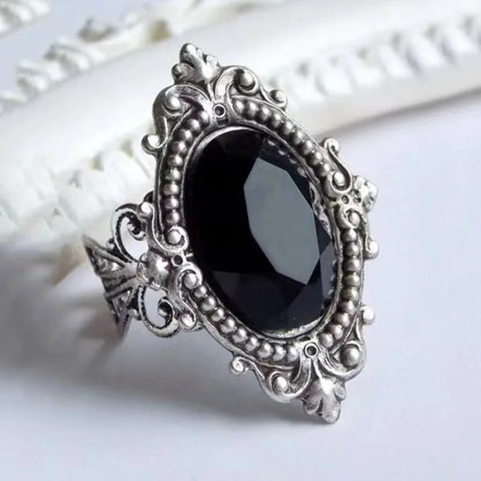 Boho-ring mit schwarzem stein in silber
