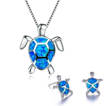 Sea Turtle Necklace + Earrings Set made of Opal and Silver Unique Joyas