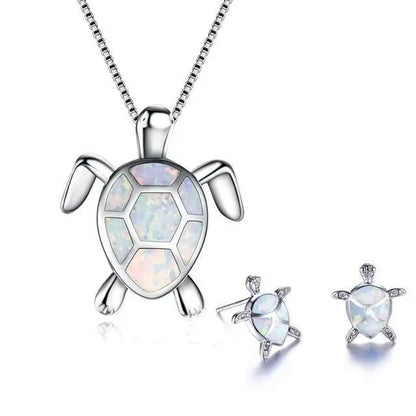 Sea Turtle Necklace + Earrings Set made of Opal and Silver Unique Joyas