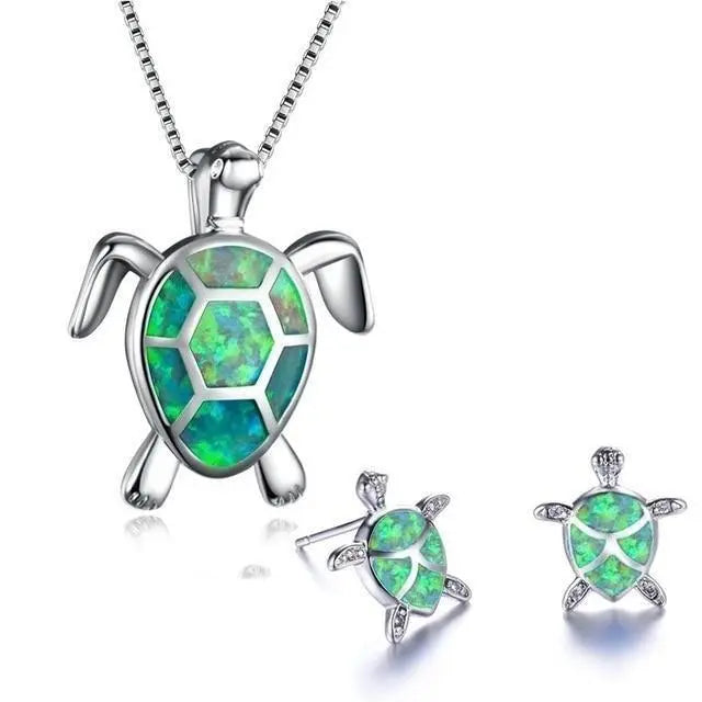 Sea Turtle Necklace + Earrings Set made of Opal and Silver Unique Joyas