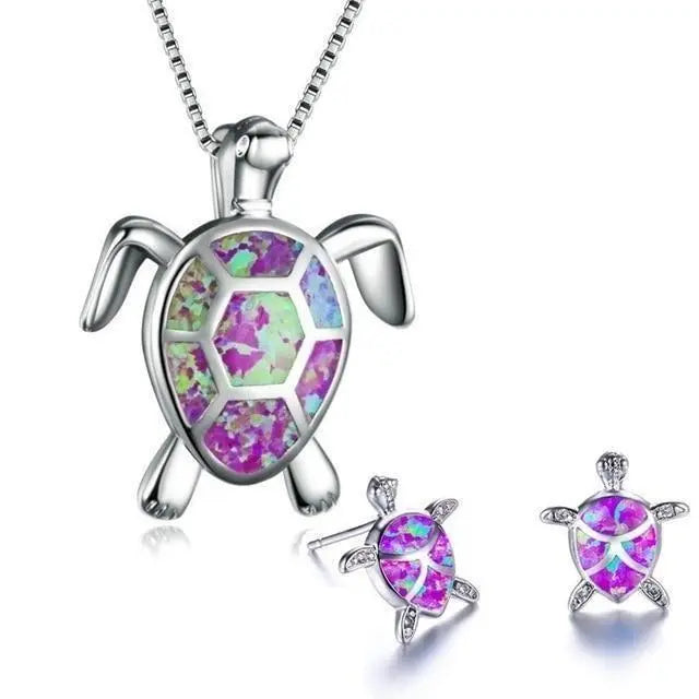 Sea Turtle Necklace + Earrings Set made of Opal and Silver Unique Joyas