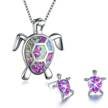 Sea Turtle Necklace + Earrings Set made of Opal and Silver Unique Joyas